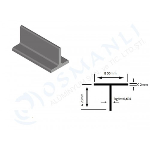 Alüminyum T profil 70mm X 50mm X 2mm Alüminyum T profil 70mm X 50mm X 2mm